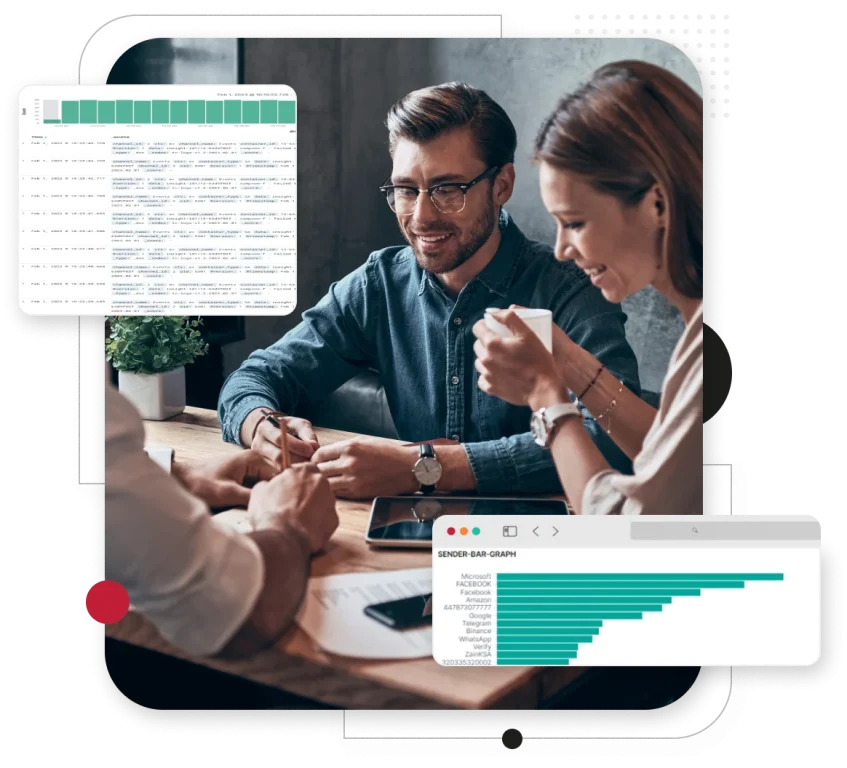 Business meeting with a man and two women smiling and discussing over documents and digital devices.